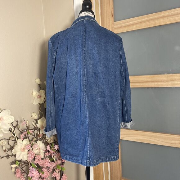 Eddie Bauer Denim Blazer with Pockets Retro Vintage Cuffed Sleeve Shoulder Pad - Picture 5 of 6